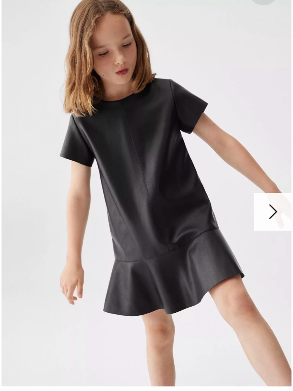 Girls Black leather like material Short-Sleeve Ruffled Hem Dress
